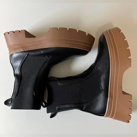 Primark Women’s Black/Brown Sz 5 Chunky Chelsea Boots Pull On - Picture 6 of 12